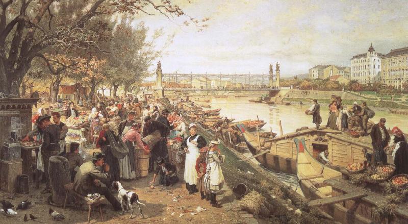 robert schumann viennese street csene during the of brahms  the fruit market on the quayside near the maria theresa bridge oil painting image
